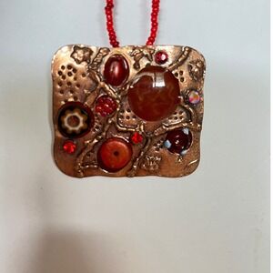 Artisan Copper‎ Pendant Necklace Red Beaded Chain Statement Jewelry Unique